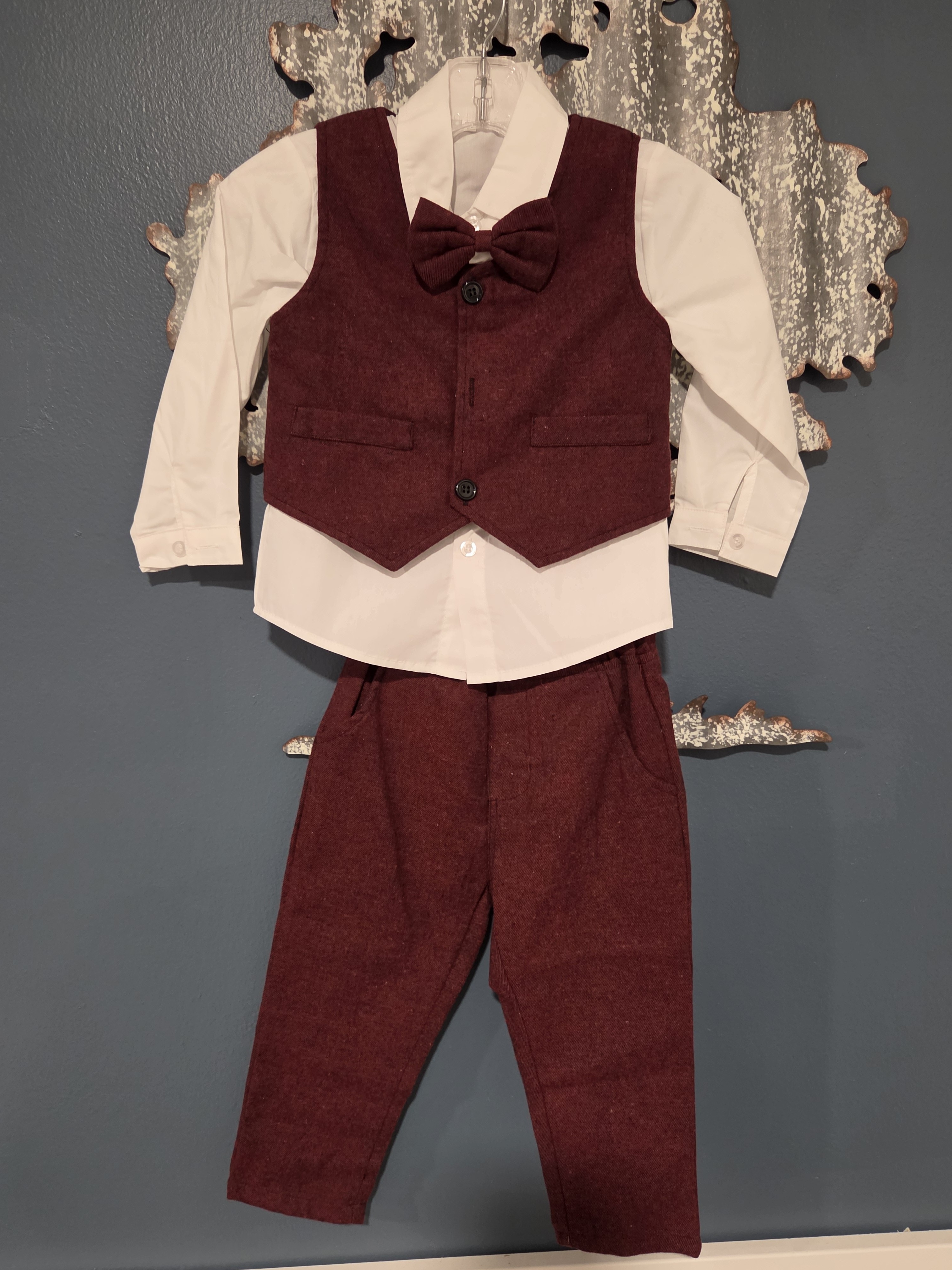 Boys Burgundy Vest Set With Bow Tie And White Shirt